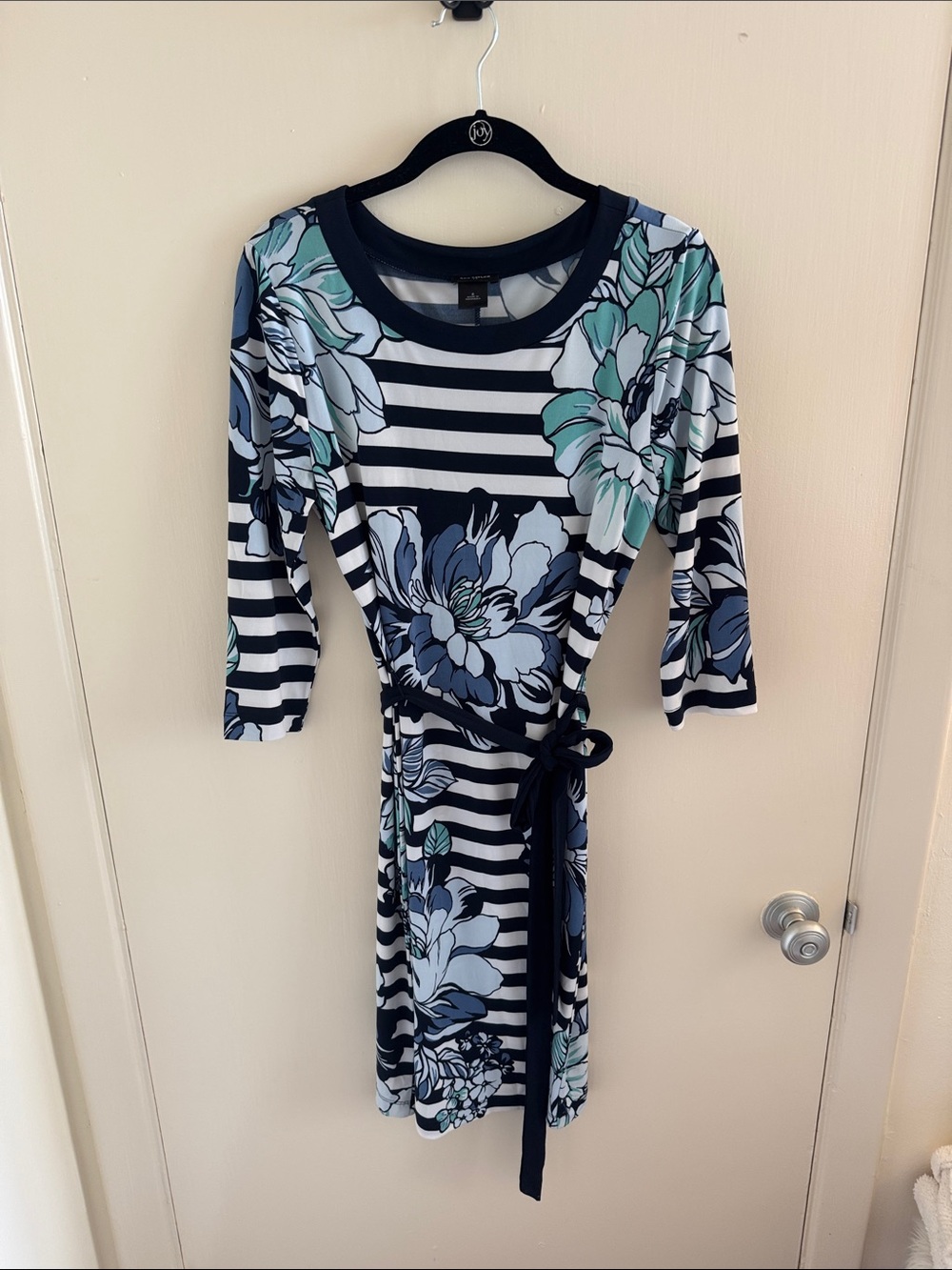 Ann Taylor Navy and Mint Floral-Striped Wrap Midi Dress